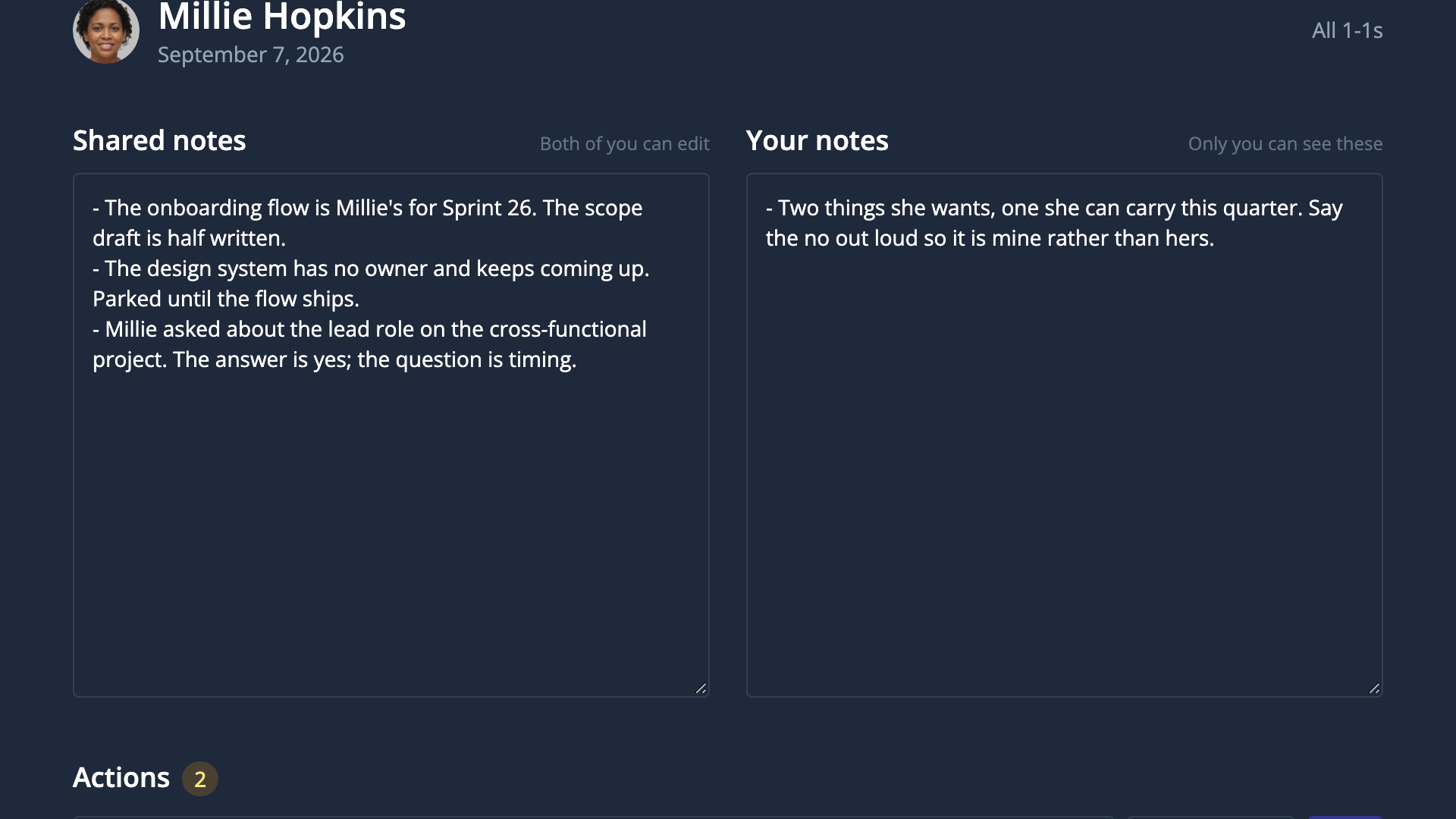 A one-on-one session: notes you both write in, and a private column only you can see