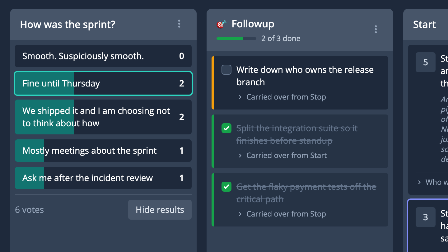 A revealed survey, with the room's answers counted, beside the actions carried over from last time